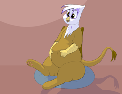 Size: 2969x2308 | Tagged: safe, artist:lupin quill, gilda, griffon, series:gildough rising (weight gain), g4, beak, beanbag chair, belly, belly button, chubby, chubby cheeks, fat, fat fetish, female, fetish, gildough, high res, open beak, open mouth, open smile, paw pads, paws, rolls of fat, simple background, sitting, smiling, spread wings, the ass was fat, thighs, thunder thighs, weight gain, weight gain sequence, wings