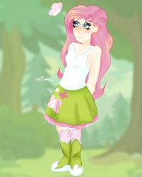 Size: 1114x1384 | Tagged: safe, artist:burbernoodle, fluttershy, butterfly, human, g4, blushing, boots, clothes, cute, ear piercing, earring, female, hands behind back, humanized, jewelry, piercing, shoes, shyabetes, skirt, socks, solo, stockings, tank top, thigh highs, tree