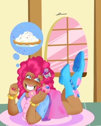 Size: 1114x1384 | Tagged: safe, artist:burbernoodle, pinkie pie, human, g4, blushing, boots, bracelet, clothes, cute, dark skin, diapinkes, female, food, grin, humanized, jewelry, lipstick, lying down, makeup, nail polish, phone, pie, prone, shirt, shoes, skirt, smiling, solo, thought bubble, vest