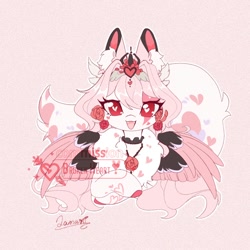 Size: 1000x1000 | Tagged: safe, artist:qamar, oc, oc only, pegasus, pony, adoptable, big tail, colored wings, fangs, female, flower, flower in hair, headdress, heart, heart eyes, jewelry, lying down, mare, multicolored wings, necklace, prone, solo, tail, wingding eyes, wings