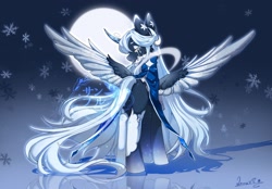 Size: 2048x1423 | Tagged: safe, artist:qamar, oc, oc only, alicorn, pony, alicorn oc, butt, cape, clothes, colored wings, crying, curved horn, full moon, horn, moon, multicolored wings, plot, snow, snowflake, spread wings, wings