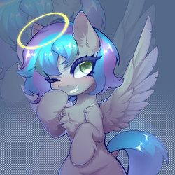 Size: 2500x2500 | Tagged: artist needed, source needed, safe, oc, oc only, oc:virtuous hope, pegasus, pony, bipedal, chest fluff, ear fluff, female, fluffy, halo, high res, looking at you, mare, mischievous, one eye closed, pegasus oc, smiling, smiling at you, smug, solo, spread wings, wings, wink, winking at you, zoom layer