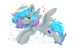 Size: 3542x2311 | Tagged: safe, artist:deadoyster, oc, oc only, oc:virtuous hope, pegasus, pony, cloud, female, high res, on a cloud, pegasus oc, simple background, smug, solo, tongue out, white background