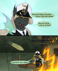 Size: 2749x3357 | Tagged: safe, artist:moonatik, oc, oc only, oc:recina, changeling, equestria at war mod, 2 panel comic, admiral, battleship, burning, changeling oc, clothes, comic, commission, fangs, female, fire, hat, high res, military uniform, necktie, ocean, shell, uniform, water, wings