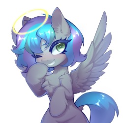 Size: 2500x2500 | Tagged: artist needed, safe, alternate version, oc, oc only, oc:virtuous hope, pegasus, pony, bipedal, chest fluff, female, fluffy, halo, high res, looking at you, mischievous, one eye closed, pegasus oc, simple background, smiling, smiling at you, smug, solo, spread wings, transparent background, wings, wink, winking at you