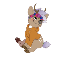 Size: 1054x922 | Tagged: safe, artist:kitchiki, oc, oc only, oc:skyler, deer, 2024 community collab, derpibooru community collaboration, antlers, butt freckles, clothes, cloven hooves, deer oc, floral head wreath, flower, freckles, hoodie, non-mlp oc, non-pony oc, simple background, sitting, solo, transparent background