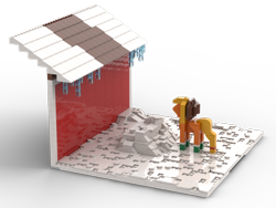 Size: 1280x960 | Tagged: safe, artist:otl crafts, applejack, earth pony, pony, g4, barn, lego, rap this winter up, render, simple background, snow, solo, transparent background