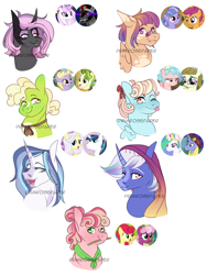 Size: 1280x1698 | Tagged: safe, artist:primrosepaper, cheerilee, cozy glow, dinky hooves, fleur-de-lis, hoo'far, king sombra, pistachio, princess celestia, scootaloo, shining armor, strawberry sunrise, wind sprint, zippoorwhill, oc, unnamed oc, alicorn, earth pony, pegasus, pony, unicorn, g4, ;p, ascot, bandaid, bandaid on nose, blaze (coat marking), blue eyes, bow, bust, closed mouth, clothes, coat markings, crack ship offspring, crack shipping, eyebrows, facial markings, fangs, female, filly, foal, freckles, golden eyes, gradient mane, green eyes, hair bow, hair bun, heterochromia, hood, lavender eyes, magenta eyes, magical lesbian spawn, male, mare, mouth hold, neck bow, obtrusive watermark, offspring, one eye closed, open mouth, open smile, parent:cheerilee, parent:cozy glow, parent:dinky hooves, parent:fleur-de-lis, parent:hoo'far, parent:king sombra, parent:pistachio, parent:princess celestia, parent:scootaloo, parent:shining armor, parent:strawberry sunrise, parent:wind sprint, parent:zippoorwhill, pink eyes, purple eyes, raised eyebrow, ruler, scarf, shipping, simple background, smiling, stallion, stripe (coat marking), tongue out, watermark, white background, wink, yellow eyes