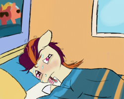 Size: 2000x1600 | Tagged: safe, artist:php176, derpibooru exclusive, rocky riff, pegasus, pony, g5, bed, bedroom, ears back, lying down, male, messy mane, pillow, sad, sick, solo, stallion, sweat, sweatdrop, thermometer, tongue out, window