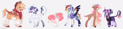 Size: 2048x488 | Tagged: safe, artist:purplesound, artist:soundwavepie, applejack, fluttershy, pinkie pie, rainbow dash, rarity, twilight sparkle, classical unicorn, deer, earth pony, pegasus, pony, unicorn, g4, bandage, bandaid, bandaid on nose, bandana, blaze (coat marking), braid, braided tail, chest fluff, choker, clothes, cloven hooves, coat markings, collar, colored hooves, cowboy hat, curved horn, deerified, doe, ear piercing, earring, eyebrow piercing, eyeshadow, facial markings, facial scar, female, fetlock tuft, floral head wreath, flower, flutterdeer, glasses, hat, hooves, horn, jewelry, leonine tail, lipstick, looking at you, makeup, mane six, mare, multicolored hooves, neck fluff, one eye closed, pale belly, piercing, race swap, redesign, redraw, scar, simple background, smiling, smol, smolpie, socks (coat markings), species swap, straw in mouth, sweater, tail, tail wrap, tallerdash, turtleneck, unicorn twilight, unshorn fetlocks, white background, wink