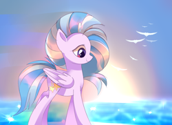 Size: 2475x1788 | Tagged: artist needed, safe, silverstream, bird, pegasus, pony, g4, female, ponified, pony silverstream, reflection, smiling, solo, species swap, sun, sunrise, water