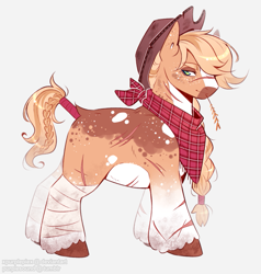 Size: 953x1000 | Tagged: safe, artist:purplesound, artist:soundwavepie, applejack, earth pony, pony, g4, bandage, bandana, blaze (coat marking), braid, braided tail, clothes, coat markings, cowboy hat, facial markings, facial scar, female, hat, hooves, mare, pale belly, redesign, redraw, scar, simple background, socks (coat markings), solo, straw in mouth, tail, tail wrap, unshorn fetlocks, white background