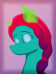 Size: 2100x2800 | Tagged: safe, artist:alejandrogmj, part of a set, jazz hooves, changeling, earth pony, pony, g5, bust, disguise, disguised changeling, gradient background, high res, jazz has no ears, looking at you, no ears, portrait, solo