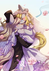 Size: 1423x2048 | Tagged: safe, artist:qamar, oc, oc only, earth pony, pegasus, pony, carrying, clothes, dress, female, floral head wreath, flower, glasses, hat, holding a pony, hug, male, mare, marriage, oc x oc, shipping, stallion, tailcoat, top hat, wedding, wedding dress