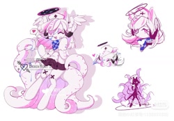 Size: 1280x889 | Tagged: safe, artist:qamar, oc, oc only, monster pony, octopony, octopus, original species, pony, clothes, eyepatch, female, goat horns, halo, hat, head wings, horns, mare, nurse hat, simple background, skirt, solo, syringe, tentacles, tongue out, white background, wings