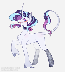 Size: 811x893 | Tagged: safe, artist:purplesound, artist:soundwavepie, rarity, classical unicorn, pony, unicorn, g4, chest fluff, choker, cloven hooves, collar, colored hooves, concave belly, curved horn, ear piercing, earring, female, fishnets, hooves, horn, horn ring, jewelry, leonine tail, lipstick, makeup, mare, piercing, raised hoof, redesign, redraw, ring, simple background, slim, smiling, solo, tail, thin, unshorn fetlocks, white background