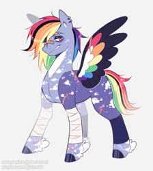 Size: 789x879 | Tagged: safe, artist:purplesound, artist:soundwavepie, rainbow dash, pegasus, pony, g4, bandage, bandaid, bandaid on nose, coat markings, colored hooves, colored wings, ear piercing, earring, eyebrow piercing, feathered fetlocks, female, grin, hooves, jewelry, mare, multicolored wings, piercing, redesign, redraw, scar, simple background, smiling, solo, spread wings, tail, white background, wings