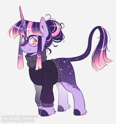 Size: 735x785 | Tagged: safe, artist:purplesound, artist:soundwavepie, twilight sparkle, pony, unicorn, g4, clothes, coat markings, colored hooves, facial markings, female, fetlock tuft, glasses, hooves, horn, leonine tail, looking at you, mare, redesign, redraw, simple background, smiling, socks (coat markings), solo, sweater, tail, turtleneck, unicorn twilight, white background, yellow eyes