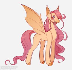 Size: 1007x972 | Tagged: safe, artist:purplesound, artist:soundwavepie, fluttershy, bat pony, pony, g4, bat ponified, colored hooves, female, flutterbat, forked tongue, hooves, mare, race swap, red eyes, redesign, simple background, smiling, solo, spread wings, tail, tongue out, white background, wings