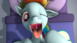 Size: 1920x1080 | Tagged: safe, artist:~stuffguy123, rainbow dash, pegasus, pony, g4, 3d, bed, drool, drool string, esophagus, female, lying down, maw, mawshot, on back, one ear down, one eye closed, open mouth, oral invitation, preddash, saliva puddle, salivating, slimy, solo, source filmmaker, taste buds, throat, tongue out, uvula, wink