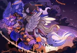 Size: 2048x1423 | Tagged: safe, artist:qamar, princess luna, oc, alicorn, bat, pony, g4, alicorn oc, bowtie, broom, canon x oc, clothes, costume, female, flying, flying broomstick, full moon, halloween, halloween costume, hat, horn, lesbian, moon, skirt, socks, spread wings, stars, stockings, striped socks, thigh highs, wings, witch costume, witch hat