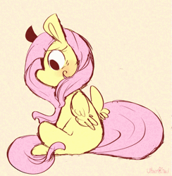 Size: 547x560 | Tagged: safe, artist:urbanqhoul, fluttershy, pegasus, pony, g4, animated, blushing, cute, female, gif, looking around, looking back, loop, mare, missing cutie mark, shyabetes, sitting, solo, wing twitch, wings