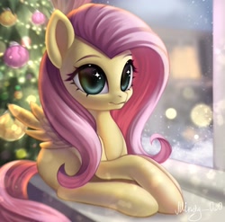 Size: 2048x2024 | Tagged: safe, artist:minchy_0w0, fluttershy, pegasus, pony, g4, christmas, christmas tree, female, high res, holiday, mare, missing cutie mark, sitting, snow, solo, sparkly eyes, spread wings, tree, window, wingding eyes, wings, winter
