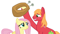 Size: 4000x2250 | Tagged: safe, anonymous artist, big macintosh, fluttershy, earth pony, pegasus, pony, g4, the perfect pear, big macintosh's yoke, blushing, duo, duo male and female, female, grin, hoof hold, horse collar, looking at each other, looking at someone, male, mare, ship:fluttermac, shipping, simple background, smiling, smiling at each other, stallion, straight, transparent background, vector, wet, wet mane