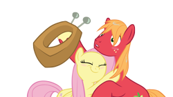 Size: 4000x2250 | Tagged: safe, anonymous artist, big macintosh, fluttershy, earth pony, pegasus, pony, g4, the perfect pear, big macintosh's yoke, cute, duo, duo male and female, eyes closed, female, high res, hoof hold, horse collar, hug, macabetes, male, mare, ship:fluttermac, shipping, shyabetes, simple background, stallion, straight, surprised, transparent background, vector, wet, wet mane