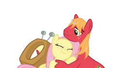 Size: 4000x2250 | Tagged: safe, anonymous artist, big macintosh, fluttershy, earth pony, pegasus, pony, g4, the perfect pear, big macintosh's yoke, cute, duo, duo male and female, eyes closed, female, high res, hoof hold, horse collar, hug, macabetes, male, mare, ship:fluttermac, shipping, shyabetes, simple background, smiling, stallion, straight, transparent background, vector, wet, wet mane