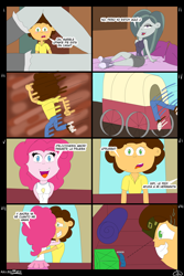 Size: 4134x6201 | Tagged: safe, artist:elovital, cheese sandwich, marble pie, pinkie pie, human, equestria girls, g4, bed, cart, condom, confused, confusion, female, flirting, hug, male, nervous, nervous smile, pillow, seduction, seductive, seductive look, seductive pose, ship:cheesepie, shipping, smiling, straight