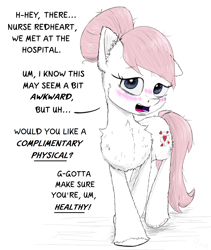 Size: 1850x2192 | Tagged: safe, artist:chopsticks, nurse redheart, earth pony, pony, g4, awkward, blushing, butt fluff, cheek fluff, chest fluff, cute, dialogue, female, flirting, floppy ears, front view, hair bun, heartabetes, mare, offscreen character, one ear down, open mouth, raised hoof, simple background, sketch, solo, stuttering, talking to viewer, text, unshorn fetlocks, white background