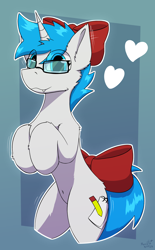 Size: 2000x3224 | Tagged: safe, artist:monycaalot, oc, oc only, oc:nhale, pony, unicorn, belly, belly button, bipedal, blue hair, bow, chest fluff, fangs, glasses, heart, high res, looking at you, male, present, simple background, smiling, smiling at you, solo, thin