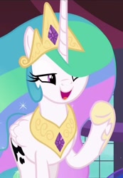 Size: 960x1384 | Tagged: safe, screencap, princess celestia, alicorn, pony, a royal problem, g4, my little pony: friendship is magic, cropped, open mouth, raised hoof, smug, solo, swapped cutie marks