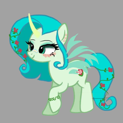 Size: 2048x2048 | Tagged: safe, oc, oc only, oc:garden star, alicorn, pony, alicorn oc, bandaid, bandaid on nose, bracelet, colored horn, curved horn, ear piercing, earring, eyeshadow, female, flower, flower in hair, flower in tail, gray background, green eyeshadow, high res, horn, horns, jewelry, makeup, mare, piercing, raised hoof, simple background, smiling, solo, tail, transparent wings, wings