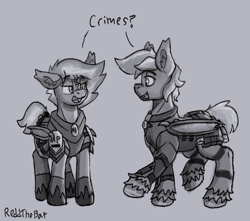 Size: 2231x1970 | Tagged: safe, artist:reddthebat, oc, oc:selena (reddthebat), bat pony, pony, armor, bat pony oc, dialogue, duo, duo male and female, eyebrows, eyebrows visible through hair, female, gray background, grayscale, guard armor, guardsmare, lidded eyes, male, mare, monochrome, night guard, royal guard, signature, simple background