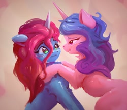 Size: 1574x1371 | Tagged: safe, artist:itssim, izzy moonbow, misty brightdawn, pony, unicorn, g5, alternate hairstyle, blushing, colored eyebrows, duo, duo female, eye contact, eyebrows, female, fluffy, horn, lesbian, looking at each other, looking at someone, mare, rebirth misty, ship:mizzy, shipping, smiling, straight mane