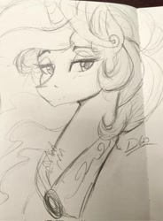 Size: 1508x2048 | Tagged: safe, artist:thelunarmoon, princess celestia, alicorn, pony, g4, bust, chest fluff, female, lidded eyes, mare, monochrome, pencil drawing, solo, traditional art