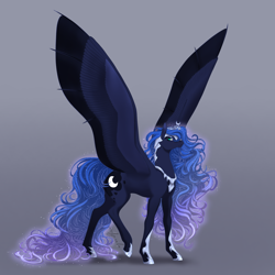 Size: 2048x2048 | Tagged: safe, artist:eljesala, princess luna, alicorn, pony, g4, concave belly, crown, ethereal mane, female, gradient background, high res, hybrid wings, jewelry, large wings, long legs, long tail, majestic, mare, peytral, regalia, signature, solo, spread wings, starry mane, tail, wings