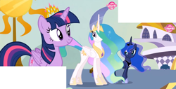 Size: 1985x1005 | Tagged: safe, composite screencap, edit, edited screencap, editor:incredibubbleirishguy, screencap, princess celestia, princess luna, twilight sparkle, alicorn, pony, g4, princess twilight sparkle (episode), crown, female, jewelry, princess, regalia, royal sisters, siblings, sisters, trio, trio female, twilight sparkle (alicorn)