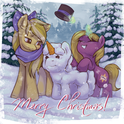 Size: 2000x2000 | Tagged: safe, alternate version, artist:ariamidnighters, oc, oc only, earth pony, pony, unicorn, bow, clothes, duo, hair bow, hat, high res, magic, scarf, snow, snowfall, snowpony, telekinesis, tree