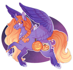 Size: 1289x1230 | Tagged: safe, artist:wytchwoods, oc, oc only, alicorn, pony, alicorn oc, flying, horn, pumpkin bucket, simple background, solo, transparent background, wings