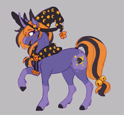 Size: 1193x1100 | Tagged: safe, artist:wytchwoods, oc, oc only, oc:hocus pocus, pony, unicorn, bell, gray background, horn, simple background, solo, tail, tail bell, unicorn oc