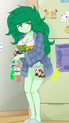 Size: 1711x3046 | Tagged: safe, artist:batipin, wallflower blush, equestria girls, g4, 2d, breasts, busty wallflower blush, chips, cleavage, clothes, coat, cute, drink, eyebrows, eyebrows visible through hair, female, flowerbetes, food, freckles, indoors, kitchen, legs, messy hair, panties, pocky, refrigerator, shirt, slippers, snacks, soda, solo, sprite (drink), striped underwear, underwear