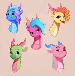 Size: 1203x1224 | Tagged: safe, artist:luminousdazzle, blaize skysong, fountain (g5), leaf (g5), luxxe, tumble (g5), dragon, g5, alternate design, alternate hairstyle, blaize is not amused, bust, curly hair, cute, female, frown, male, one of these things is not like the others, open mouth, open smile, portrait, smiling, unamused