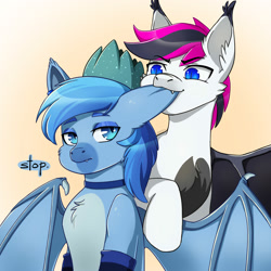 Size: 2000x2000 | Tagged: safe, artist:erein, oc, oc only, oc:lance, oc:simon pegasus, bat pony, pony, bat pony oc, bat wings, bedroom eyes, biting, blue, blue eyes, blue eyeshadow, blue fur, blue mane, blue socks, cheek fluff, chest fluff, clothes, collar, colored wings, commission, crown, duo, ear bite, ear piercing, eyeshadow, high res, jewelry, makeup, male, multicolored hair, nonconsensual, piercing, regalia, simple background, smiling, text, white background, white mane, wings