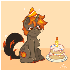 Size: 3072x3072 | Tagged: safe, artist:duckyia, oc, oc only, pony, unicorn, birthday, cake, candle, chest fluff, fire, food, hat, high res, hoof fluff, male, orange eyes, sitting, smiling, solo, stallion, tail, tail wag