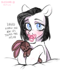 Size: 2137x2601 | Tagged: safe, artist:bloodymrr, oc, oc:bloody, earth pony, pony, rabbit, abdl, animal, big eyes, black hair, blanket, blue eyes, blushing, cute, half body, high res, light skin, monologue, pacifier, plushie, scar, short hair, simple background, slit pupils, snake eyes, solo, talking, text, toy, white background