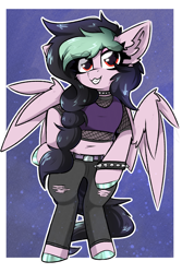 Size: 2000x3000 | Tagged: safe, artist:jubyskylines, oc, oc only, oc:galactic lights, pegasus, semi-anthro, arm hooves, belly button, clothes, commissioner:rainbowdash69, fishnet stockings, high res, jeans, pants, pegasus oc, punk, ripped jeans, ripped pants, smiling, smirk, solo, spiked wristband, torn clothes, wristband