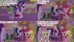 Size: 2000x1125 | Tagged: safe, edit, edited screencap, editor:quoterific, screencap, applejack, fluttershy, pinkie pie, rarity, spike, starlight glimmer, twilight sparkle, alicorn, pony, g4, the last problem, book, clothes, coronation dress, dress, odd one out, present, second coronation dress, twilight sparkle (alicorn)